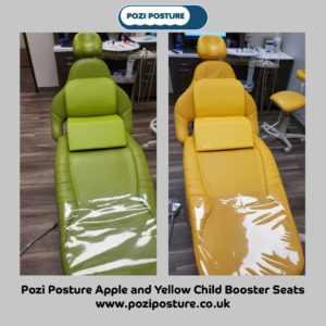 Apple & Yellow Pozi Posture Child Booster Seats on Apple and Yellow dental chairs